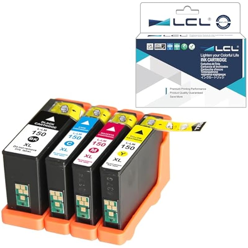 LCL Compatible for Lexmark 150XL 14N1614 14N1615 14N1616 14N1618 High Yield (4-Pack, Black Cyan Magenta Yellow) Ink Cartridge for Lexmark S315 S415 S515 Pro715 Pro915