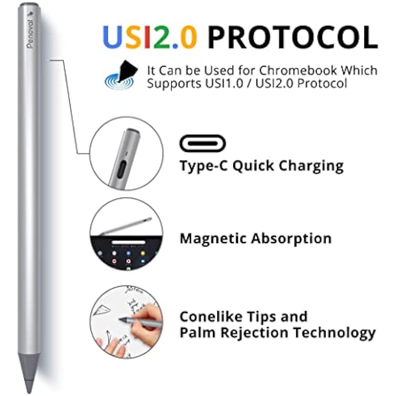 Penoval USI 2.0 Stylus Pen for Chromebook, 4096 Pressure, Magnetic, for Google Pixel Tablet, Amazon Fire Max 11, Lenovo Chromebook Duet, HP Chromebook X360 14b Spare Tips Included
