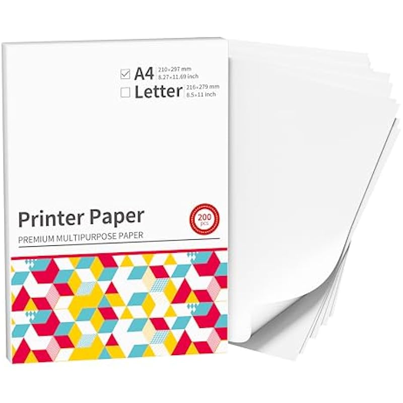 A4 Printer Paper, Multipurpose Copy Paper for Laser Printer, Inkjet Printer, Itari Copy Paper for Printer, Compatible with Phomemo P831 HPRT MT800 Thermal Transfer Printer, 200 Sheets, Glossy, White