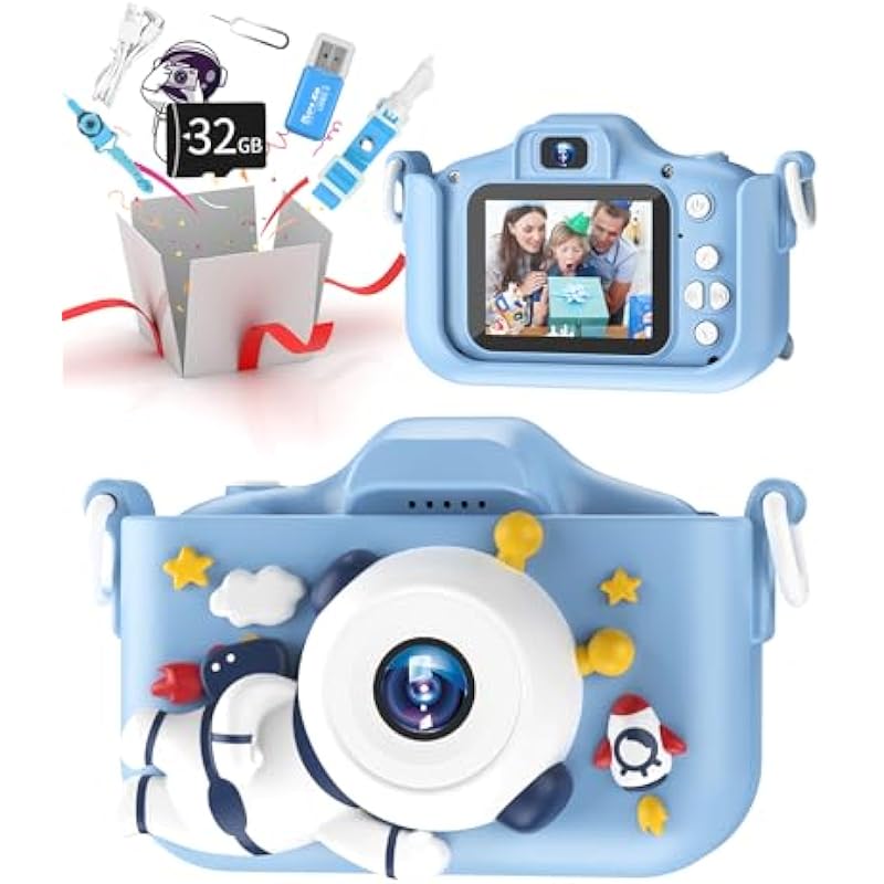 Kids Camera for Girls Boys, Toddler Camera 1080P HD 2.0 Inch IPS Screen with 32GB Memory Card, Selfie Camera for Kids Digital Camera Birthday Christmas Toys Gifts for Age 3 4 5 6 7 8 Year Old (Blue)