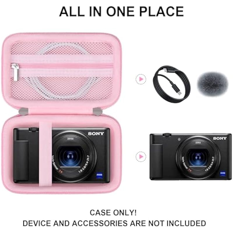 Supmay Hard Travel Case for Sony ZV-1 Digital Camera, Sony ZV-1 Camera for Content Creators and Vloggers Protective Case Bag with Mesh Pocket for SD Card and USB Cable, Pink
