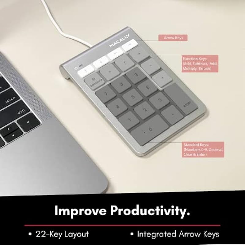 Macally Wired USB C Number Pad Keyboard – Type C Numeric Keypad for Laptop, Apple Mac iMac MacBook Pro/Air, iPad, Windows PC, or Desktop Computer – 10 Key USB Keypad Numpad with 5 Foot Cable