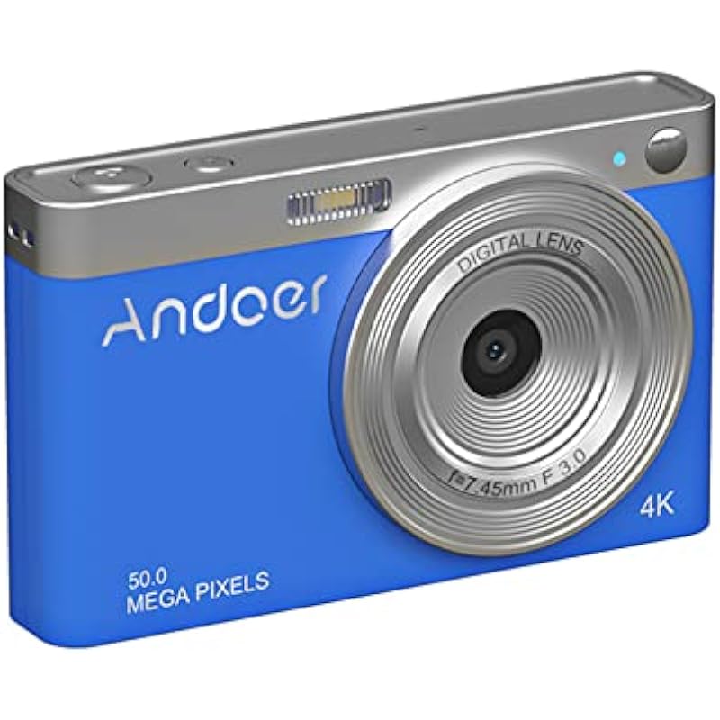 Andoer Compact 4K Digital Camera with 2.88″ IPS Screen, 16X Zoom, Anti-Shake, Face Detection, Smile Capture, Built-in Flash, 2 Batteries, Carry Bag, and Wrist Strap – Ideal for Kids and Teens, Blue