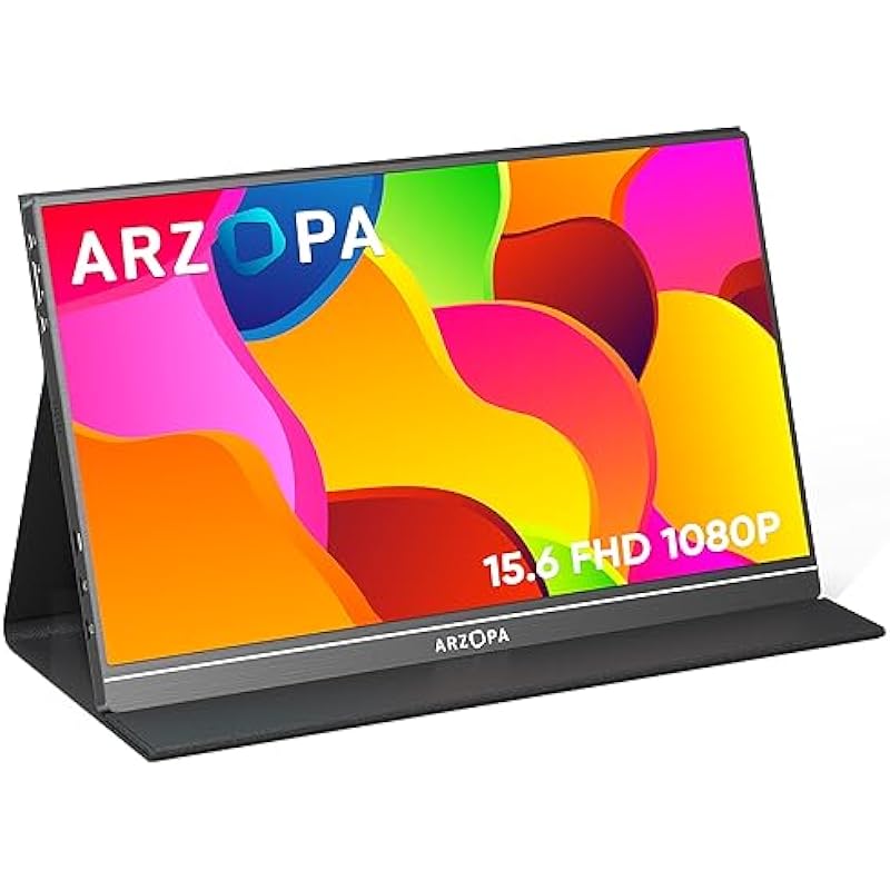 ARZOPA Portable Monitor, 15.6” 1080P FHD Laptop Monitor USB C HDMI Computer Display HDR Eye Care External Screen w/Smart Cover for PC Mac Phone Xbox Switch PS5 – S1 Table