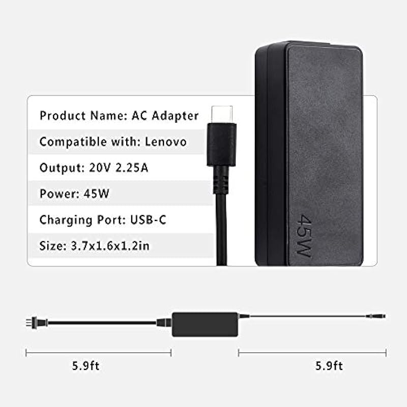 45W USB Type-C AC Power Adapter Charger Compatible for Lenovo Yoga 910 910-13 720-13 910-13IKB 910-131KB Glass 720-13IKB 720-131KB 500e ChromeBook 2nd Gen (81MC) Type-C Laptop with Free Power Cord
