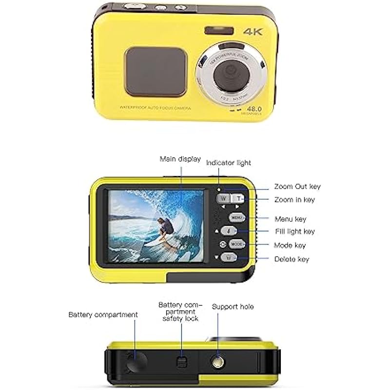 Waterproof Camera 11.5ft Underwater – 48MP Video Output 16X Digital Zoom Digital Camera, Anti Shake Waterproof Vlog Camera with 1.7in + 2.8in Dual HD Screen (Yellow)
