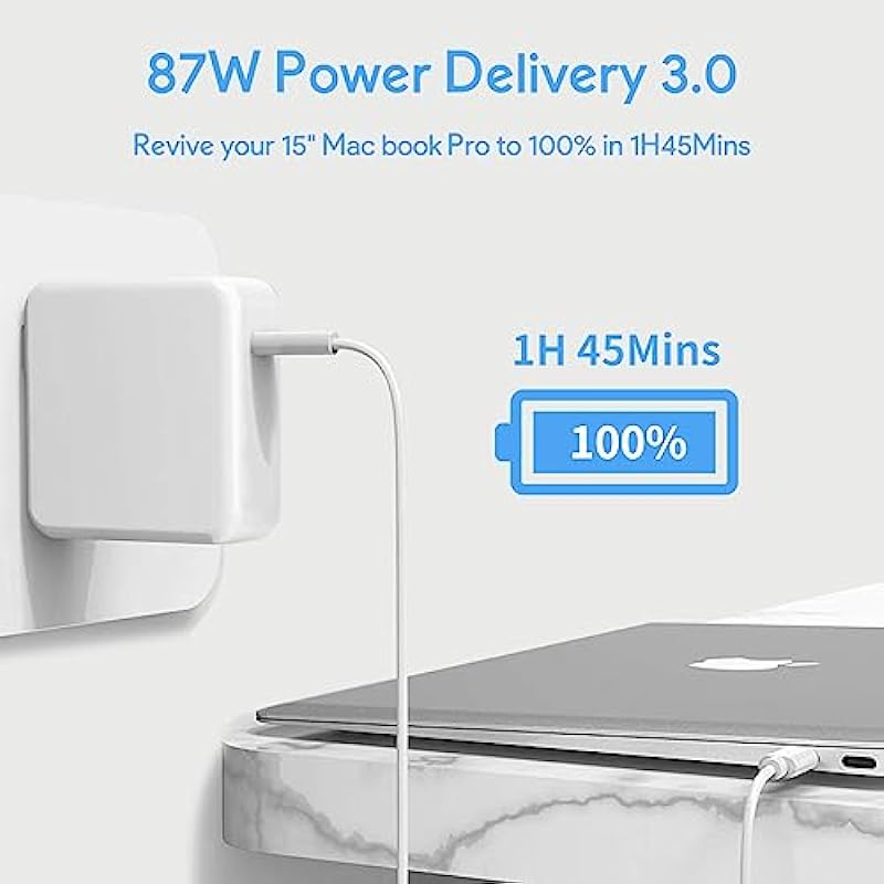 Replacement Mac Book Pro Charger, 87W USB C Power Adapter Compatible with 13/15 Inch After 2016, for Mac Book Air After 2018, Works with USB C 87W 61W 30W 29W, Include Charge Cable（6.6Ft）