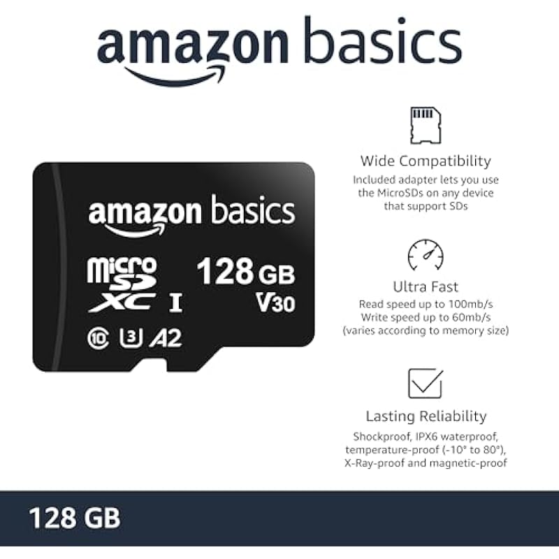 Amazon Basics 128GB microSDXC Memory Card with Full Size Adapter, 100MB/s, U3