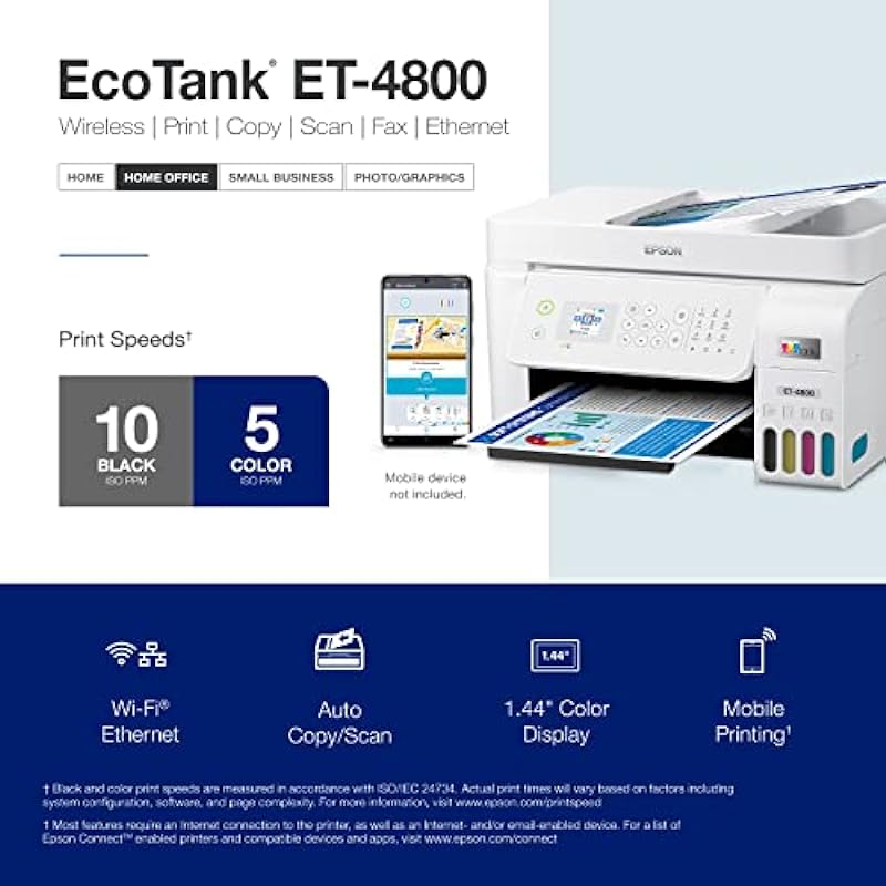 Epson EcoTank ET-4800 Wireless All-in-One Cartridge-Free Supertank Printer with Scanner, Copier, Fax, ADF and Ethernet – Ideal for Your Home Office