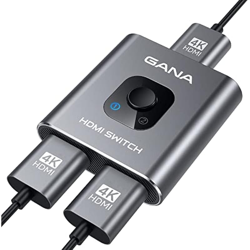 HDMI Switch 4K HDMI Splitter – Gana Prime Aluminum Bi-Directional HDMI Switcher 1 in 2 Out (Single Display) or 2 Input 1 Output, Supports 4K 3D HD 1080P for Xbox PS4 Roku HDTV etc. （Grey