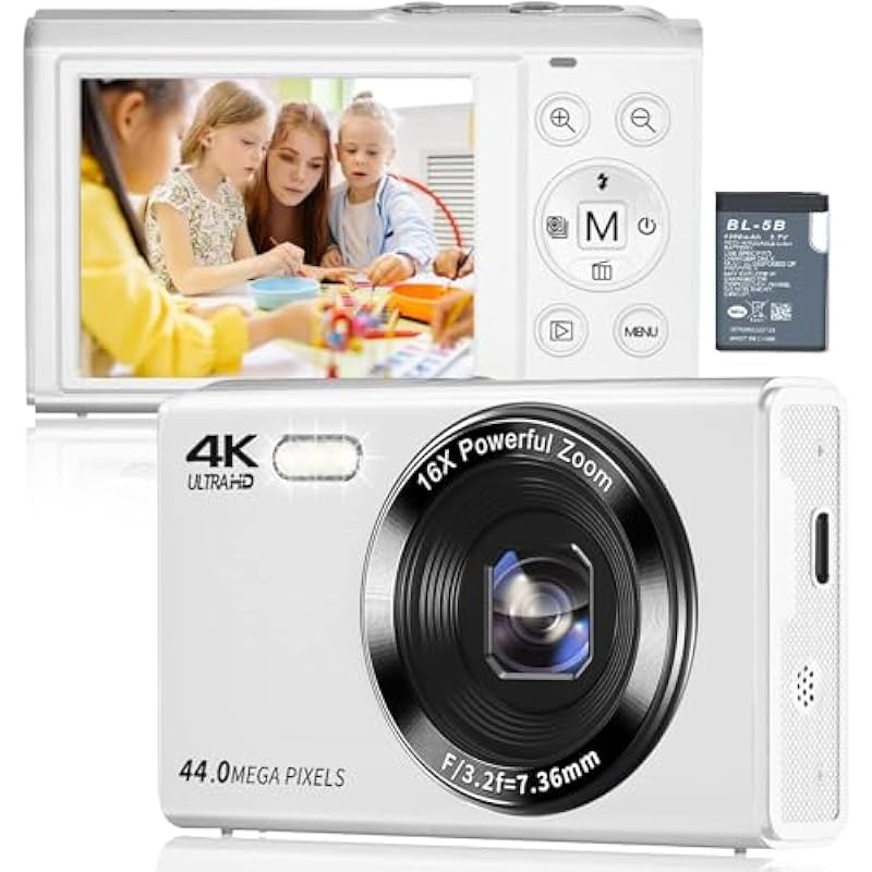 Digital Camera 4K Video Camera Compact Camera 44MP YouTube Camera Rechargeable 16X Digital Zoom Beginner Pocket Camera-White