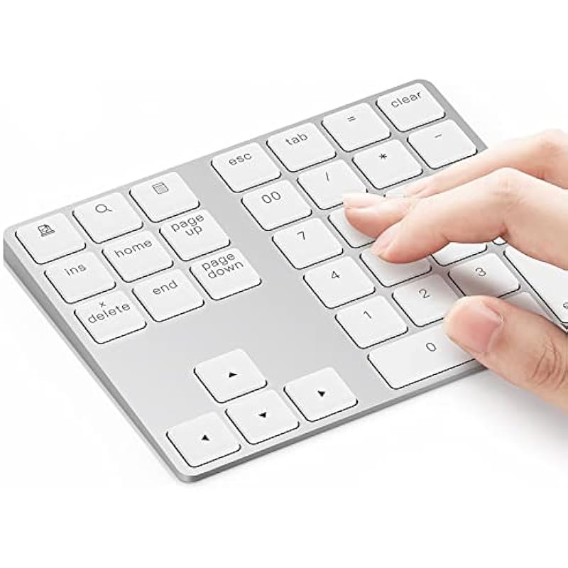 Lekvey Bluetooth Number Pad, Aluminum Rechargeable Wireless Numeric Keypad Slim 34-Keys External Numpad Keyboard Data Entry for Laptop, MacBook, MacBook Air/Pro, iMac, Windows, Surface Pro – Silver