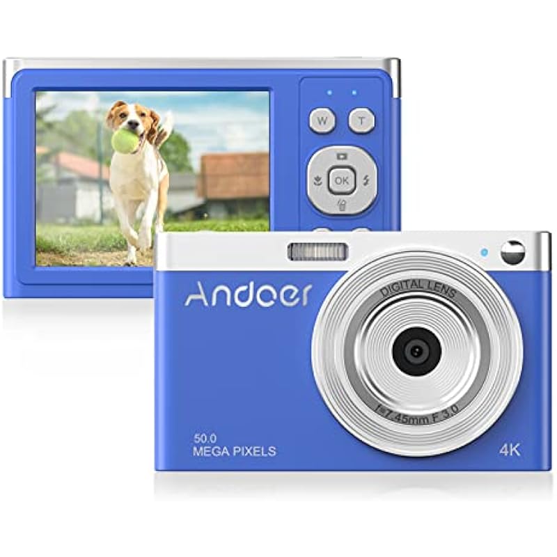 Andoer Compact 4K Digital Camera with 2.88″ IPS Screen, 16X Zoom, Anti-Shake, Face Detection, Smile Capture, Built-in Flash, 2 Batteries, Carry Bag, and Wrist Strap – Ideal for Kids and Teens, Blue