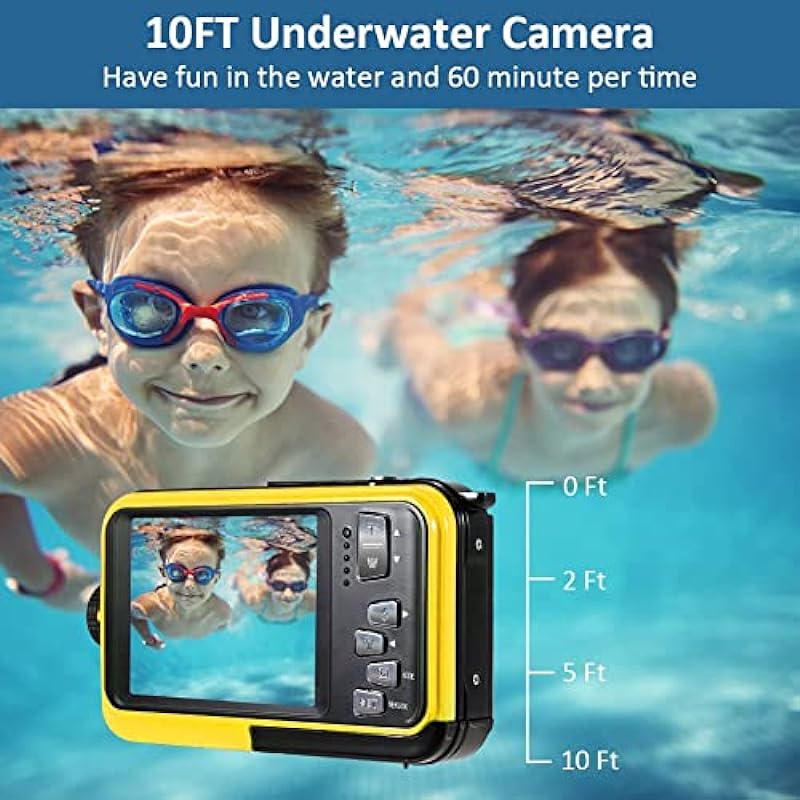 Acuvar 48MP Megapixel Waterproof Dual Screen Full HD 1080P Digital Camera for Underwater Photo and Video Recording for Selfies with LED Flash Light for Adults and Kids (Yellow)