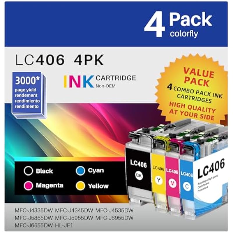 LC406 Ink Cartridges Compatible Replacement for Brother LC406 LC 406 LC-406 for MFC-J4335DW, MFC-J5855DW, MFC-J6555DW, MFC-J4535DW Printer (Black, Cyan, Magenta, Yellow) 4 Combo Pack