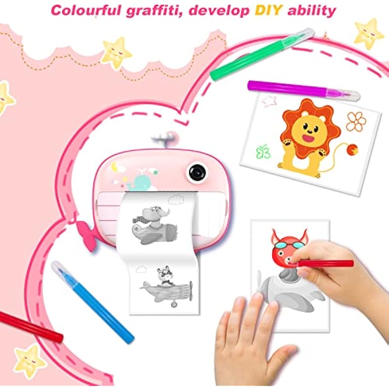 USHINING Kids Camera for Kids 12MP Digital Camera for Kids Aged 3-12 Ink Free Printing 1080P Video Camera for Kids with 32GB SD Card,Color Pens,Print Papers (Pink)