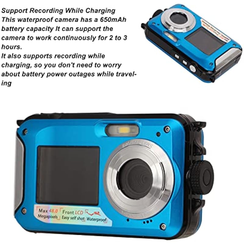 48MP Dual Screen Waterproof Digital Camera, Full HD 2.7K 10ft Underwater Camera, Digital Camera 16X Video Recorder Selfie Dual Screens, Gift Camera for Snorkeling, Surfing, Swimming(Blue)