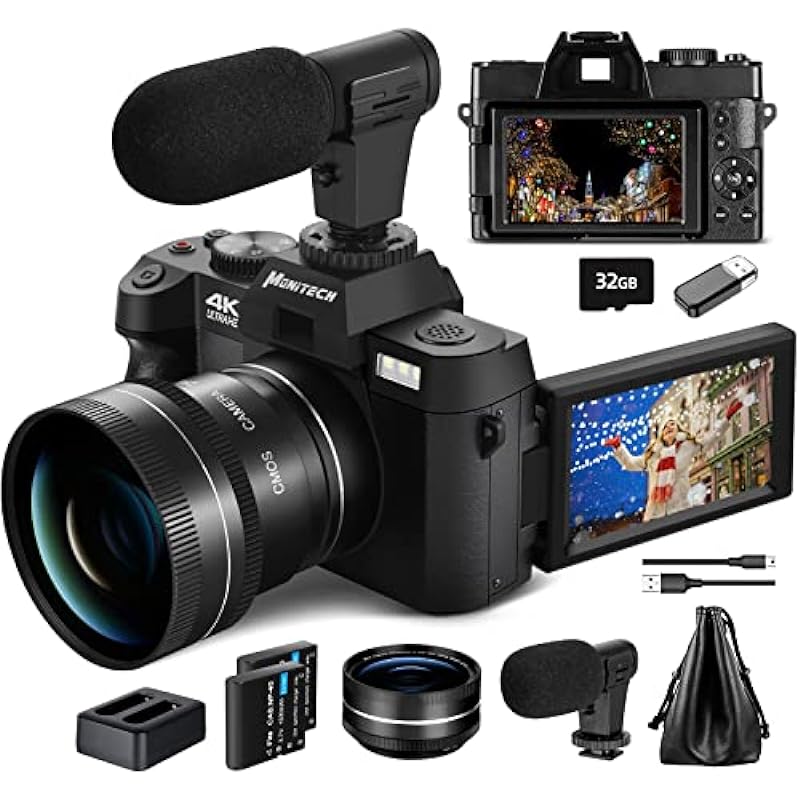Mo Digital Camera for Photography and Video, 4K 48MP Vlogging Camera for YouTube with 180° Flip Screen,16X Digital Zoom,52mm Wide Angle & Macro Lens, 32GB TF Card, 2 Batteries