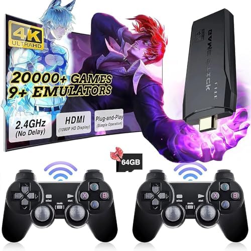 Retro Game Console with 64GB Built-in Card 20000+ Games, HD 4K Video Game Stick with Dual 2.4G Wireless Controllers, Plug and Play Retro TV Game Stick, for Kids Adults