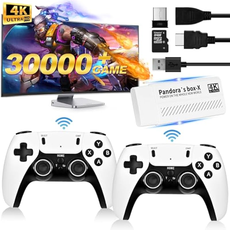 Wireless Retro Game Console, Plug and Play Video Game Stick Built in 30000+ Games,23 Classic Emulators, 4K High Definition HDMI Output for TV with Dual 2.4G Wireless Controllers