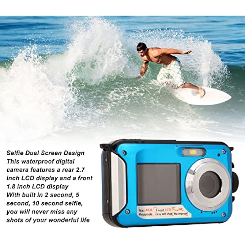 2.7K Underwater Digital Camera, 48MP Image 10FT Waterproof Video Camera, Dual Screens Digital Camera 16X Digital Zoom, Support up to 128G Micro Card(Blue)