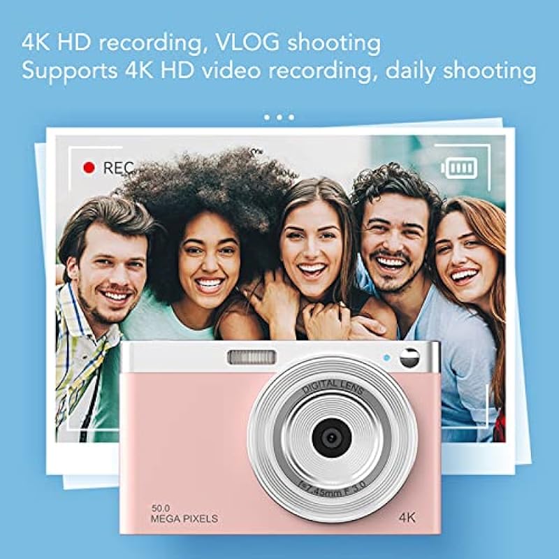 Kids Digital Camera, 2.88in IPS HD Video Camera Beginners 4K Vlogging Camera Autofocus with 50MP 16X Zoom, Built in LED Fill Light, Rechargeable Students Pocket Camera, for Kids Student Gift(Pink)