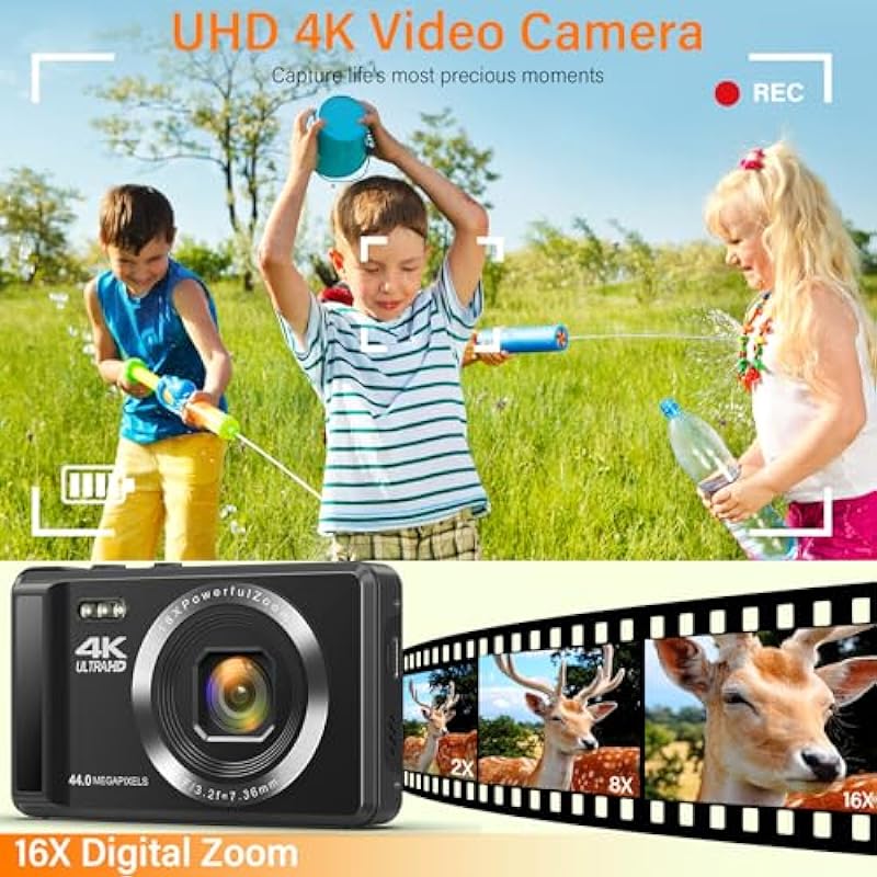 4K Digital Camera for Photography 44MP Compact Camera with 16X Digital Zoom, 2.4” Autofocus Portable Point and Shoot Digital Cameras for Beginners, Boys, Girls with 32GB SD Card and 2 Batteries