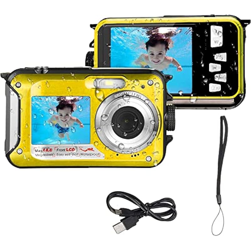 Acuvar 48MP Megapixel Waterproof Dual Screen Full HD 1080P Digital Camera for Underwater Photo and Video Recording for Selfies with LED Flash Light for Adults and Kids (Yellow)