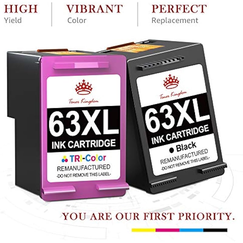 Toner Kingdom Remanufactured Ink Cartridge Replacement for HP 63 Ink 63XL for HP Envy 4520 Ink cartridges 4512 4516 Officejet 3830 4650 5255 5258 Deskjet 1112 Printer Ink(1 Black, 1 Tri-Color)
