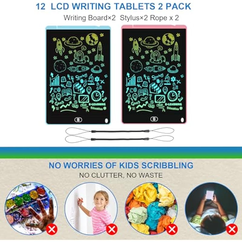 12 Inch LCD Writing Tablet, Pawinner Colorful Drawing Board with Lock & Delete FUNC, Eye Protection Doodle Scribbler Pad, Toys & Gifts for Kids & Adults at Home,School – Blue & Pink
