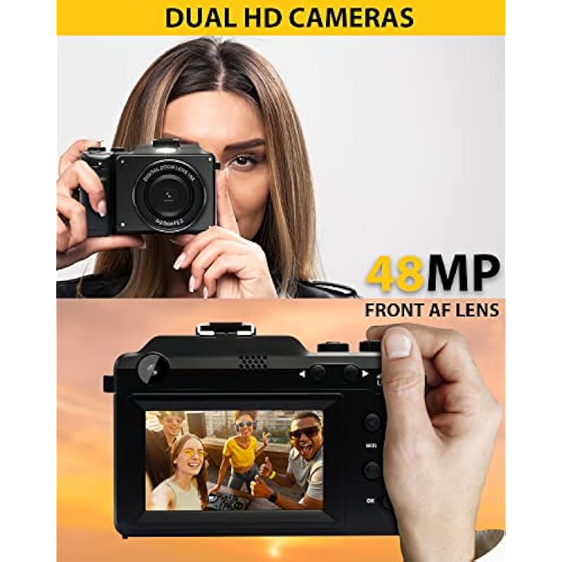 Digital Camera 4k Video Camera Compact Camera 48MP 3.0″ Screen YouTube Camera Rechargeable 16X Digital Zoom Beginner Pocket Camera Dual Hd Cameras with Sd Card (Black)
