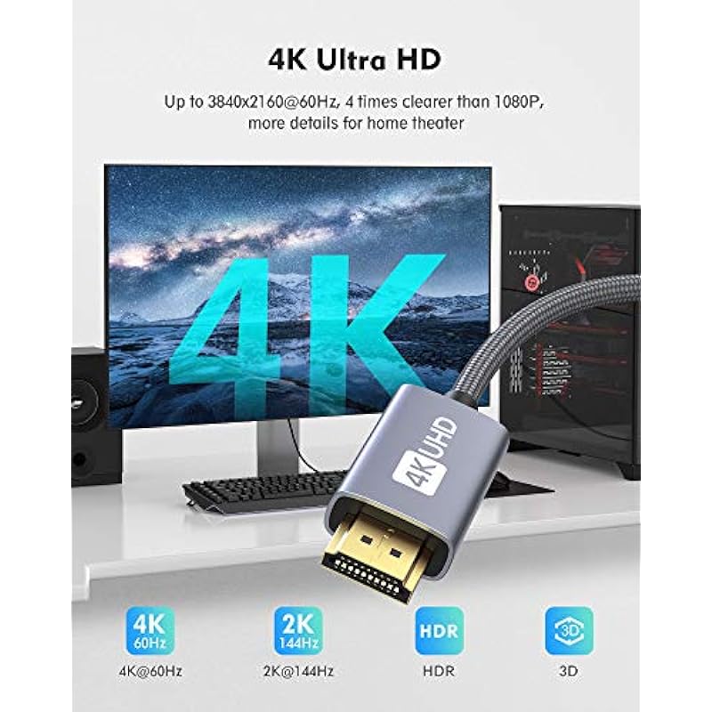 Silkland 4K HDMI Cable ARC 6.6ft, [Gold Plated, HDR] High Speed HDMI 2.0 Cables for Monitor, 4K 60Hz, 2160P 1080P, 18Gbps 3D HDCP 2.2 Compatible Samsung, Vizio, Sono, Bose Soundbar, Roku TV Xbox PS5/4