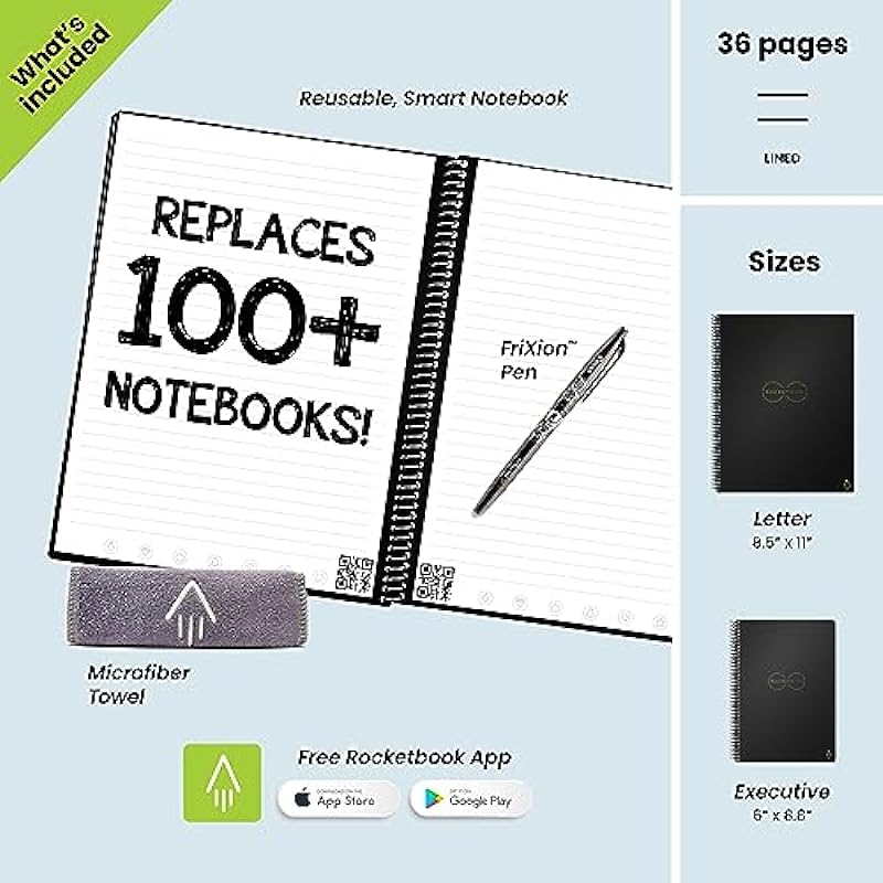 Rocketbook Smart Reusable Notebook – Lined Eco-Friendly Notebook with 1 Pilot Frixion Pen & 1 Microfiber Cloth Included – Deep Space Gray Cover, Executive Size (6″ x 8.8″)