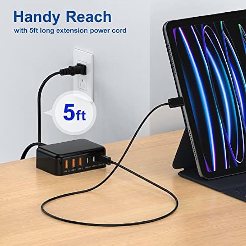 USB C Wall Charger 100W, Excgood 6 Port GaN Charger USB C + USB A Fast Charging Block Station Multiport Hub Desktop Travel Adapter 5ft Extension Cord Compatible for iPhone 15 Pro Max Watch Pad Galaxy