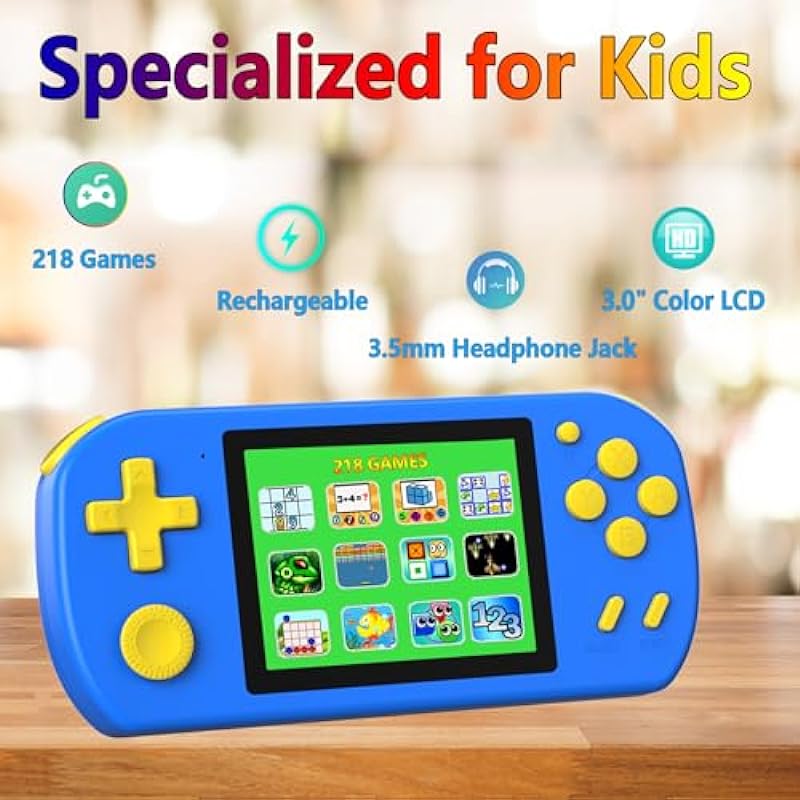 TEBIYOU Handheld Game Console for Kids Preloaded 218 Retro Video Games, Portable Gaming Player with Rechargeable Battery 3.0″ LCD Screen, Mini Arcade Electronic Toy Gifts for Boys Girls, Blue