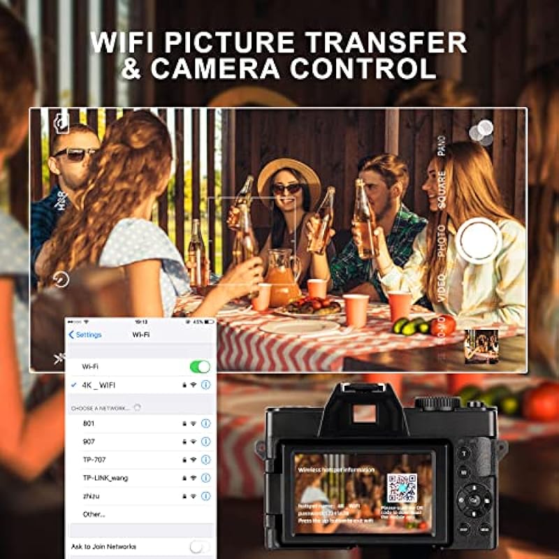 Monitech Digital Cameras for Photography 4K,48MP Vlogging Camera for YouTube and Video,with 180° Flip Screen,16X Digital Zoom, WiFi&Auto Focus,2 Batteries, 32GB TF Card,s100-WT