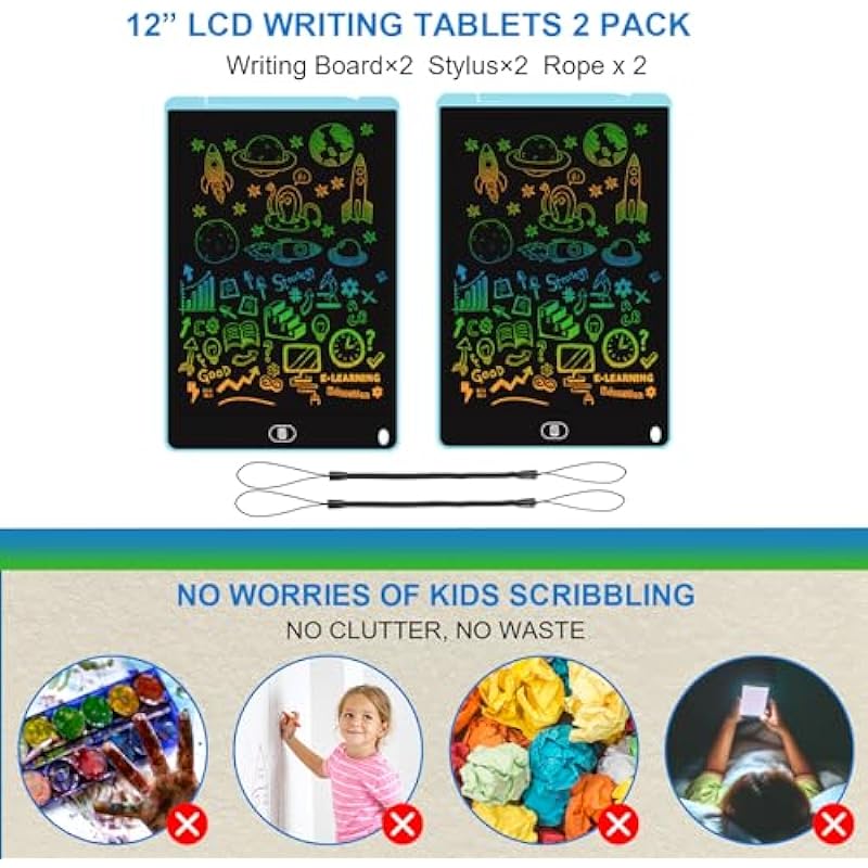 LCD Writing Tablet 12 Inch, Colorful Drawing Tablet, Erasable Lockable Electronic Doodle Board, Eye Protection Scribbler Pad, Learning Toys Gifts for 3+ Years Boys Girls Toddler – 2 Pack Blue