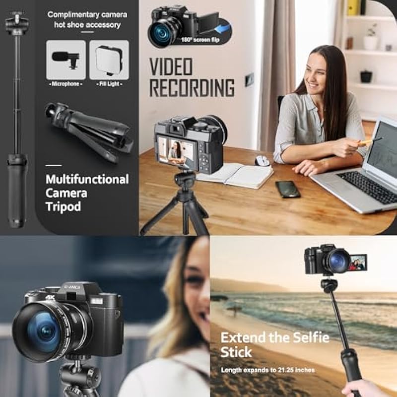 Digital Cameras for Photography, 48MP&4K Vlogging Camera for YouTube, Video Camera with Wide-Angle&Macro Lens,Microphone & Tripod Grip, Content Creator Kit & Travel Camera(2 Batteries)