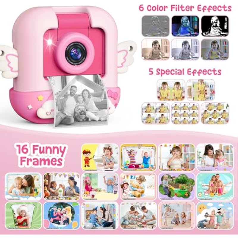 Skirfy Instant Print Camera for Kids,Pink Digital Camera for Kids with Unicorn Silicone Cover & 32G TF Card,48MP Selfie Video Camera for Kids Toddler,Birthday Gifts for Girls Age 3-12