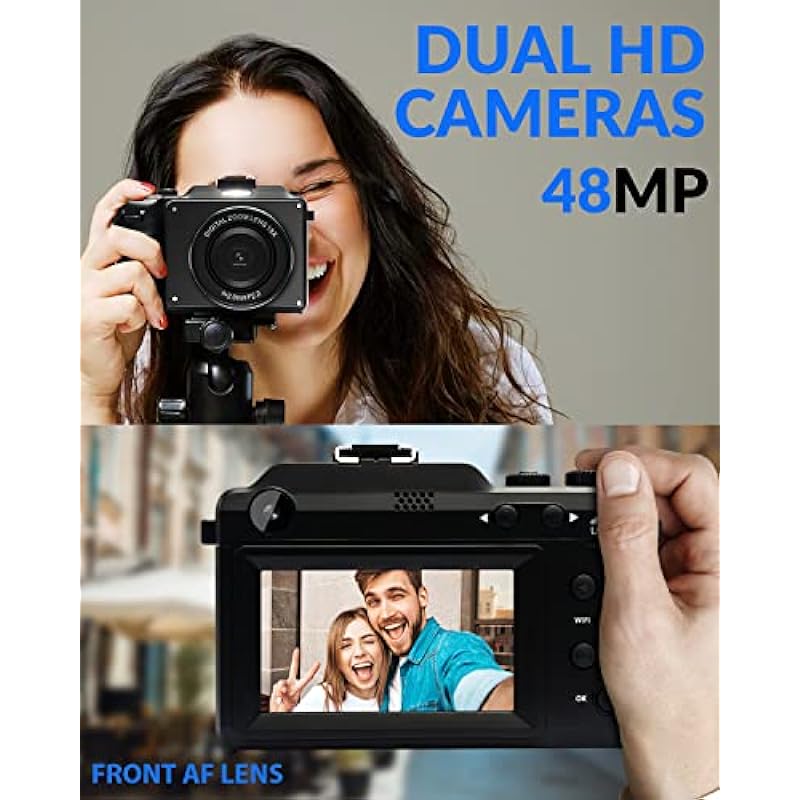 Digital Camera 4k Video Camera YouTube Camera 48MP 18X Digital Optical Zoom Beginner Camera with Dual Cam Front Rear Wide Angle & Macro Lenses Autofocus & Anti-Shake for Students Teenagers Beginners