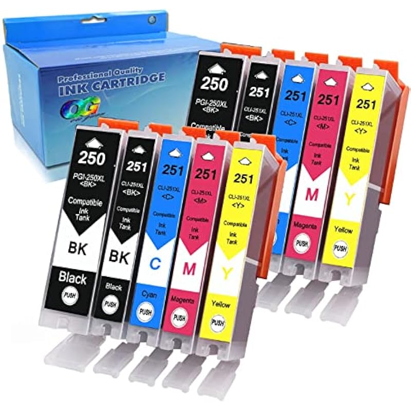 10 Pack – Compatible Ink Cartridges for Canon PGI-250 & CLI-251 XL Inkjet Cartridge Compatible With Canon Pixma MG5420 MG5450 MG5520 MG6320 MG6350 MG6420 MG7120 MX722 MX725 MX922 MX925 iX6820 iX6850 iP7220 iP7250 iP8720 iP8750