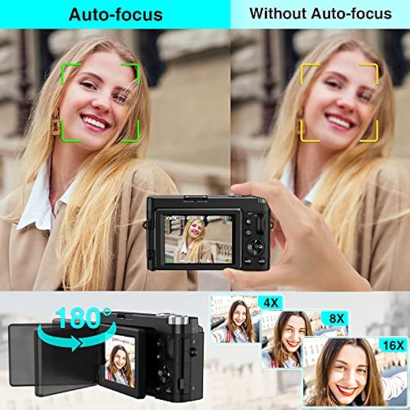4K Digital Camera Camcorder, Aufoya Autofocus 48MP 60FPS Video Camera with 180° Flip Screen, 2 Charging Mode 16X Digital Zoom Vlogging Camera for YouTube with 32GB Memory Card
