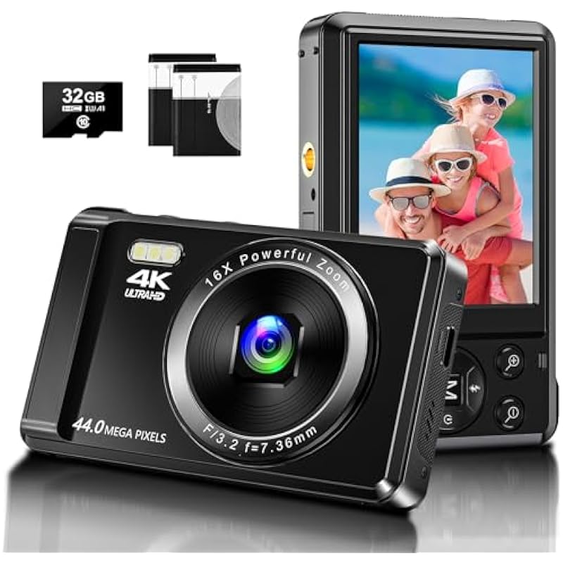 4K Video Digital Camera 44MP Autofocus Point and Shoot Camera with 16X Digital Zoom, Vlogging Camera for YouTube with 32GB SD Card and 2 Batteries for Kids Teens, Boys, Girls