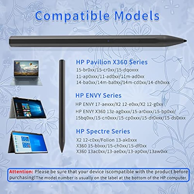 Stylus Pen for HP Envy X360 Pavilion X360 Specter X360 Spectre X2 Envy X2 Rechargeable MPP 2.0 Tilt Active Pen with 4096 Pressure Sensitivity, Palm Rejection, Magnetic Attachment Function, Black