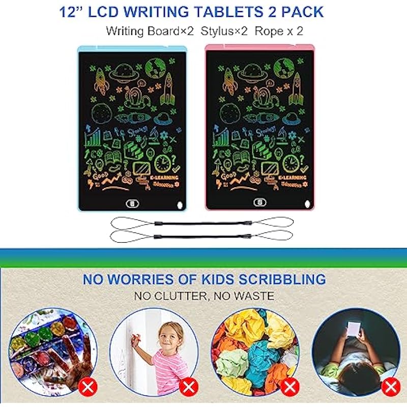 12 Inch LCD Writing Tablet,[2 Pack] Electight Colorful Drawing Board, Eye Protection Doodle Scribbler Pad, with Lock & Delete FUNC, Toys & Gifts for Kids & Adults at Home, School – Blue & Pink