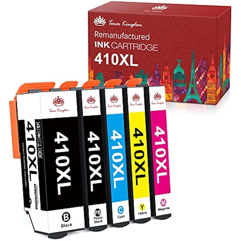 Toner Kingdom Remanufactured Ink Cartridges Replacement for 410XL T410XL 410 XL Expression XP-530 XP-630 XP-635 XP-830 XP-640 XP-7100 (Black, Cyan, Magenta, Yellow, Photo Black, 5-Pack)