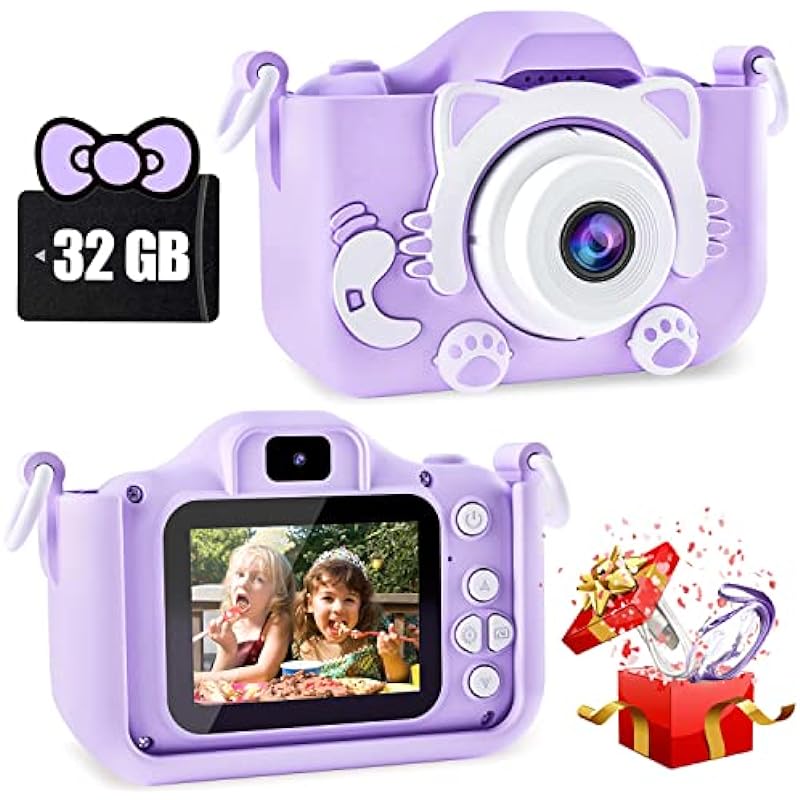 CIMELR Kids Camera Toys for 3-12 Year Old Boys/Girls, Kids Digital Camera for Toddler with Video, Christmas Birthday Festival Gifts for Kids, Selfie Camera for Kids, 32GB TF Card (Purple-Cat)