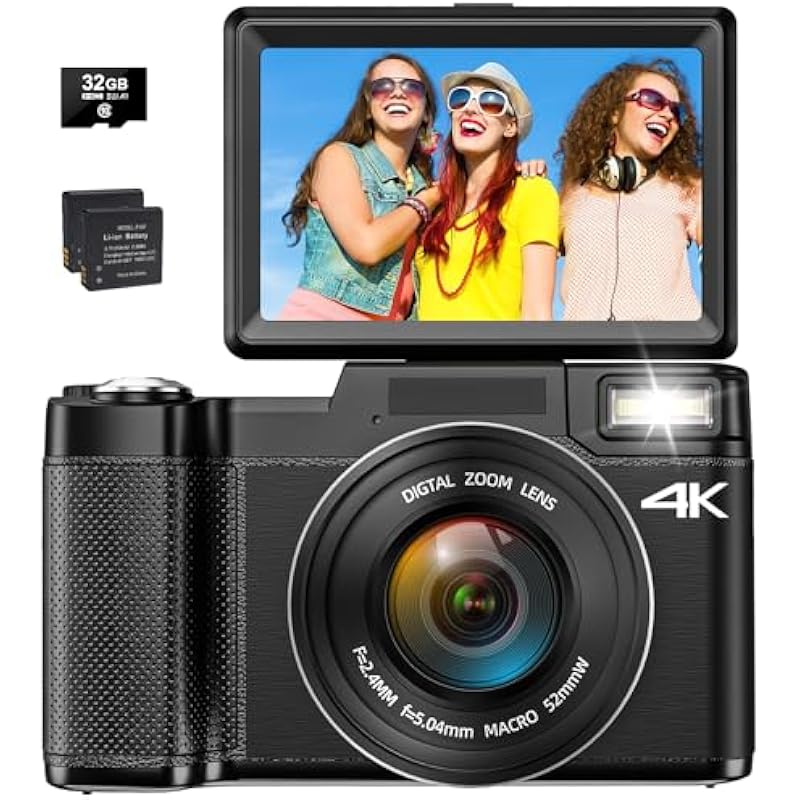 4K Digital Camera for Photography, Autofocus 48MP Vlogging Camera for YouTube with 16X Zoom, 3’’180 Degree Flip Screen Compact Video Camera with Liftable Flash, SD Card&2 Batteries