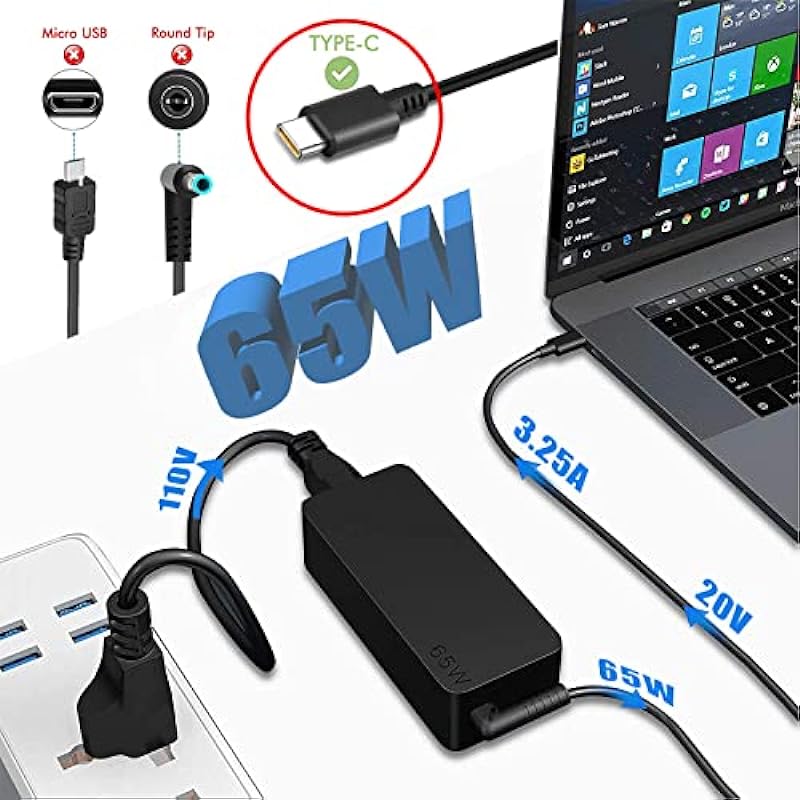 Replacement for Lenovo Laptop Charger – 65W USB C Power Adapter,Compatible with thinkpad Chromebook Yoga T480 T490 T580 E580 300e 500e C330 S340 730 C930 & Dell,HP,Asus,Acer…All Type-C Series
