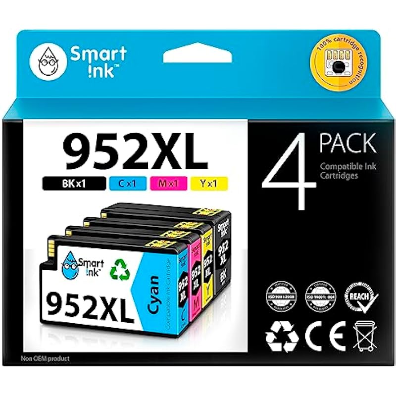 Smart Ink Compatible Ink Cartridge Replacement for HP 952 952XL (4 Combo Pack) Advanced Chip Technology to use with OfficeJet 8702 OfficeJet Pro 7720 7740 8210 8216 8710 8715 8720 8725 8728 8730 8745
